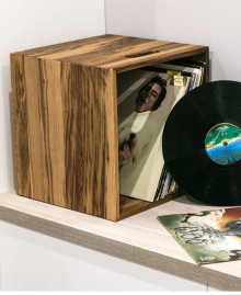 A wooden box for vinyl records