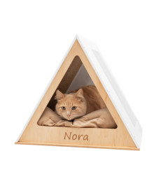 A wooden cat house
