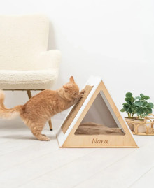 A wooden cat house